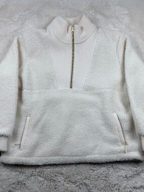 Lands' End NWOT Rib Collar Sherpa Fleece Pullover 3/4 Zip Gold White Large
